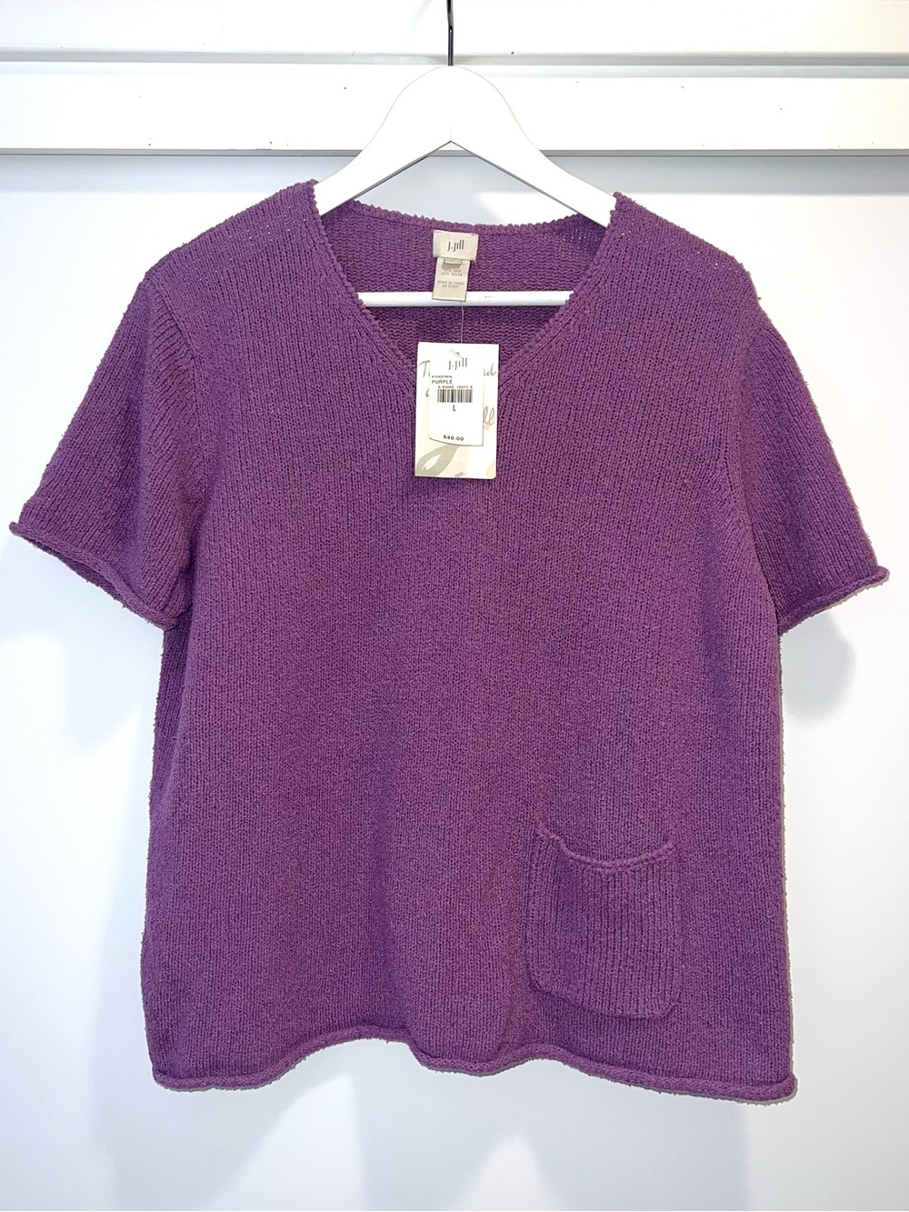 💜J. Jill Purple V-Neck Short-Sleeve Sweater w Pocket • Silk Blend